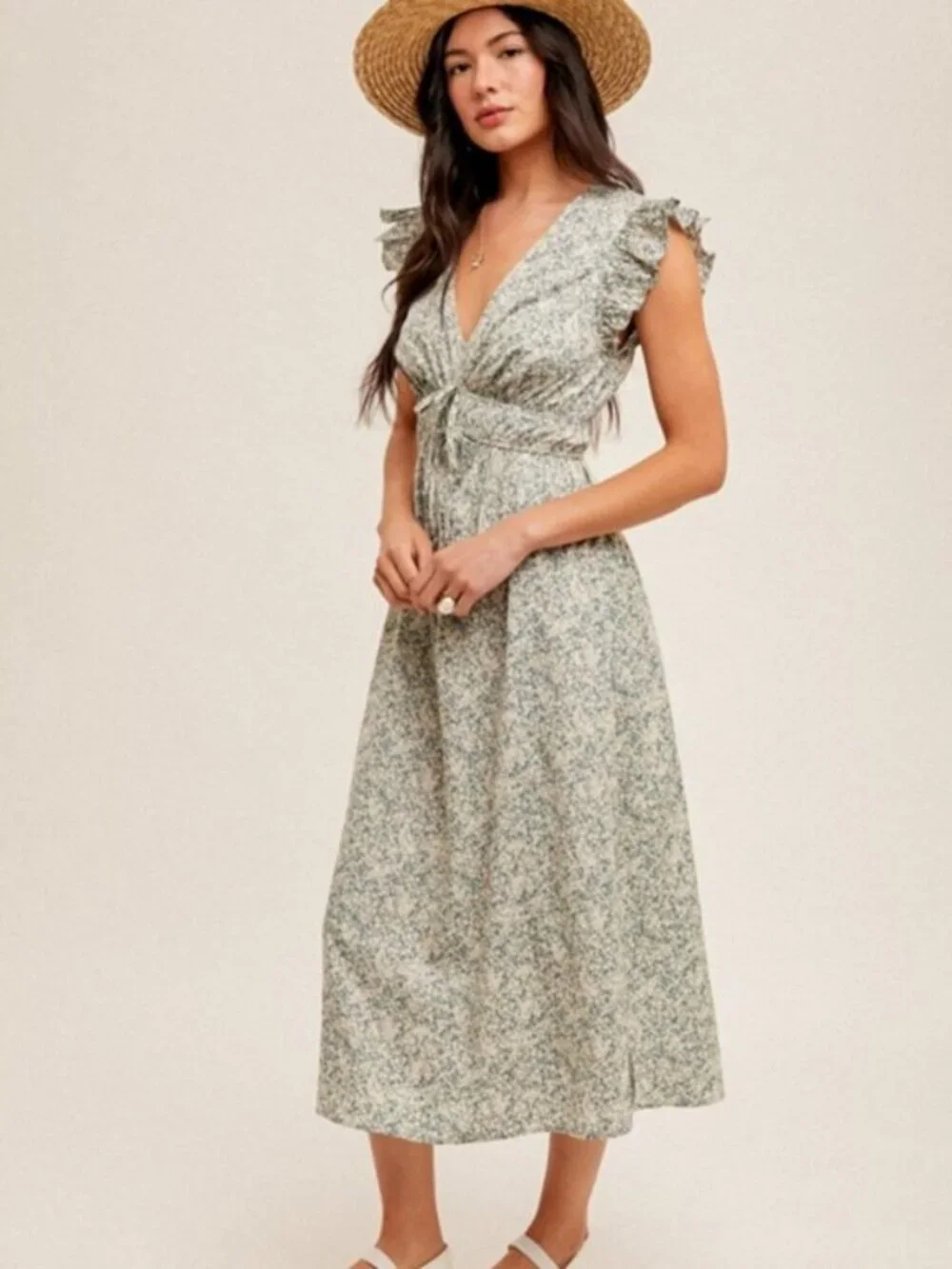 HEM & THREAD Floral Smocked Flutter Sleeve Midi Dress Blue Size S NWT - Picture 4 of 6